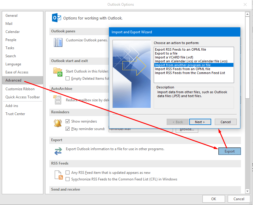 Outlook 2016 export option