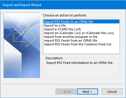 Export RSS Feeds in Outlook