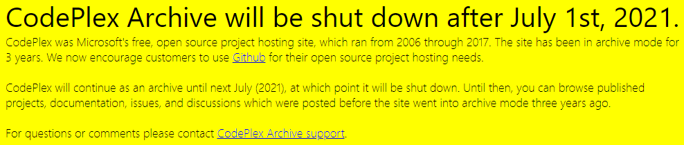 CodePlex Archive will shut down on July 1, 2021