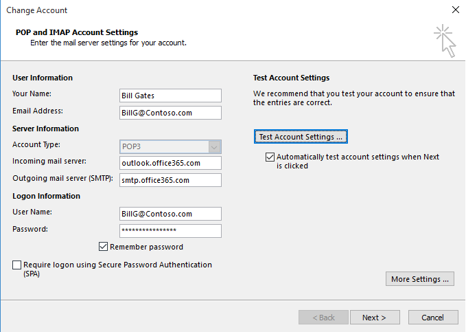 manual office 365 outlook settings