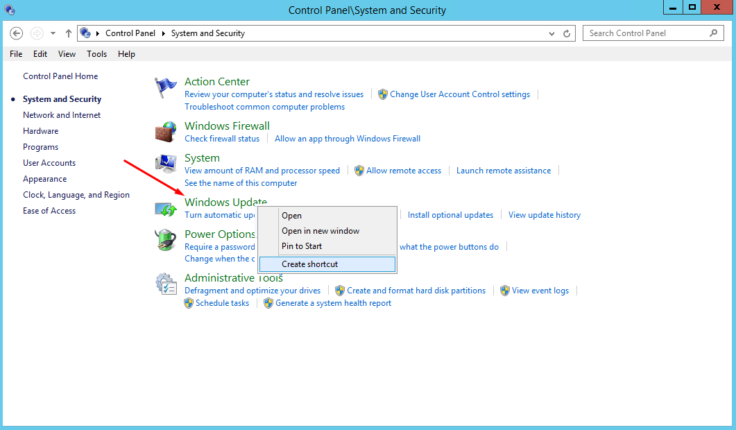 Windows Server 2012 shortcut for Windows Update