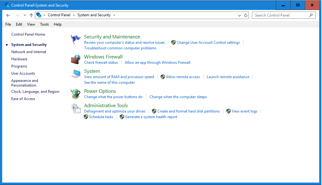 Windows Server 2016 Windows Control Panel