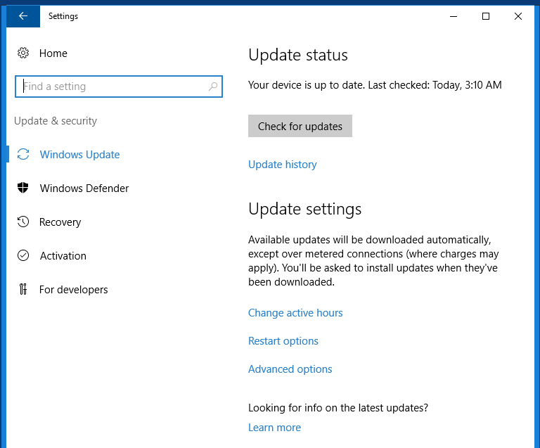 Windows Update main screen in Windows Server 2016