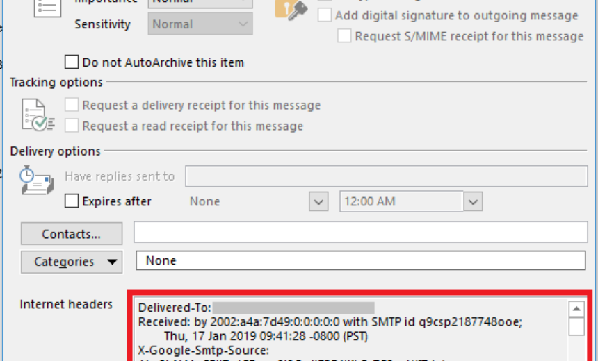 Internet Headers section in Outlook Message
