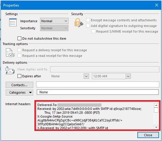 Internet Headers section in Outlook Message