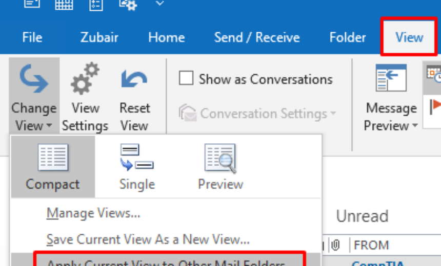 Apply current view to other mail folders