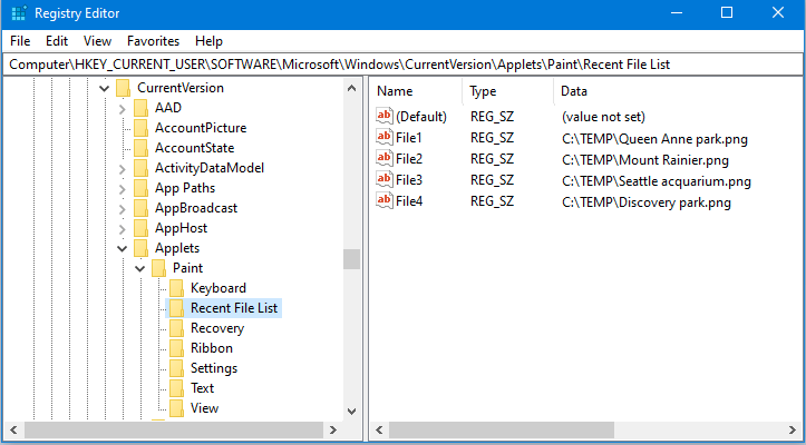 Paint Recent Pictures List in Windows 10