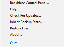 Backblaze Taskbar Options