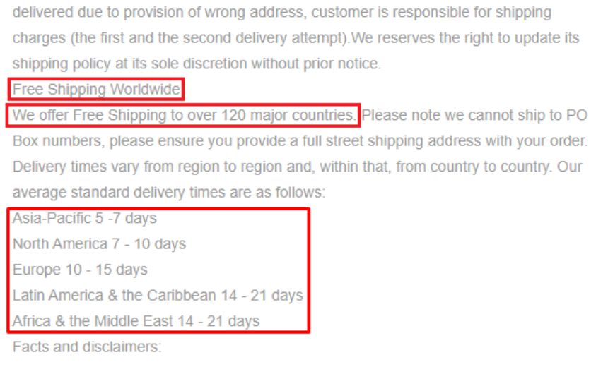 Shipping and Returns info