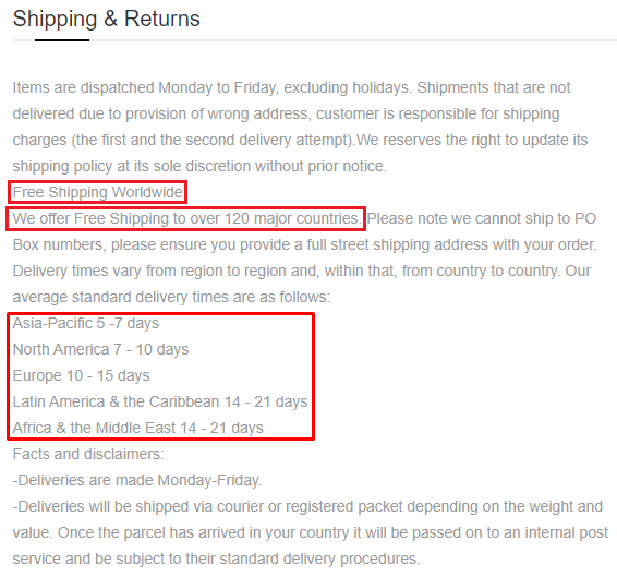 Shipping and Returns info