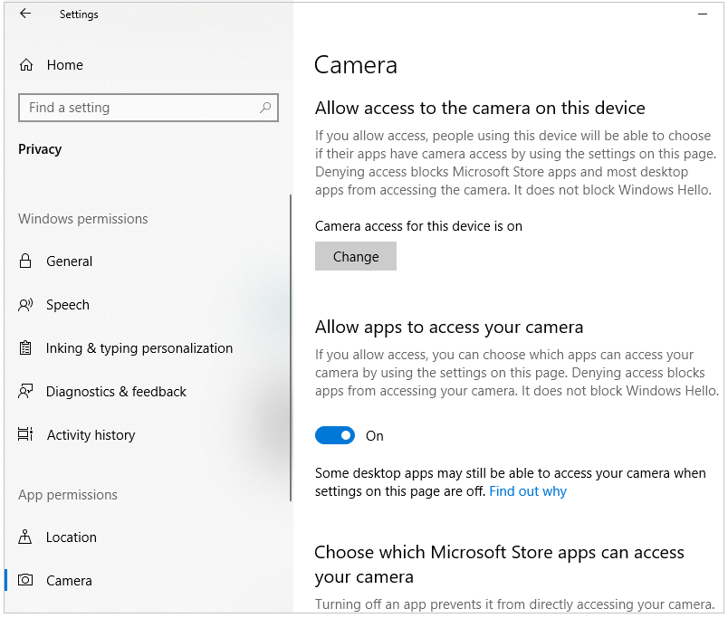 Allow access to camera in Windows 10
