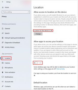 Configuring location access in Windows 10