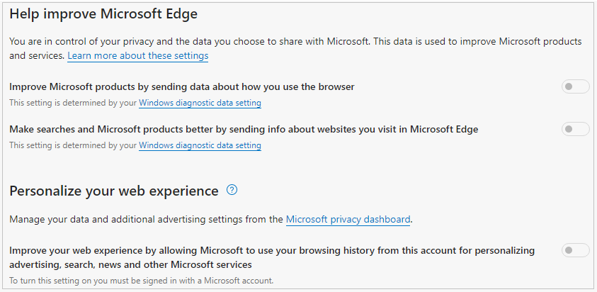 Edge privacy settings