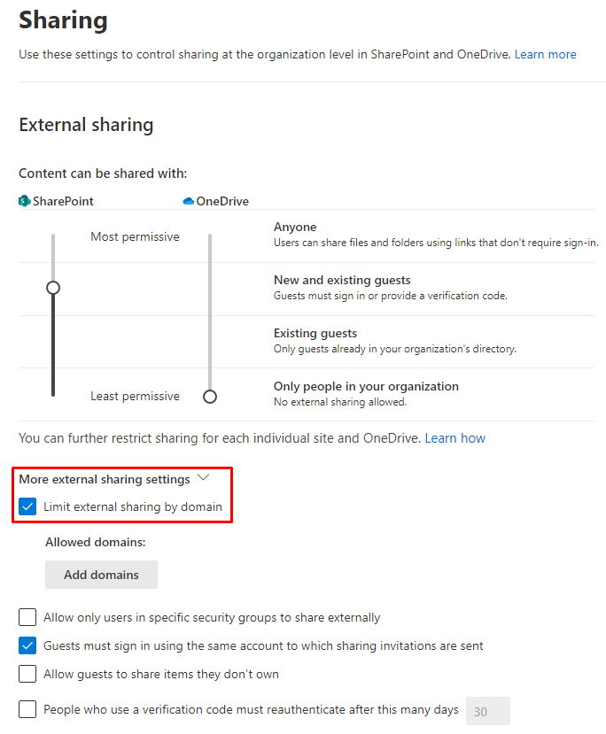 SharePoint external sharing settings