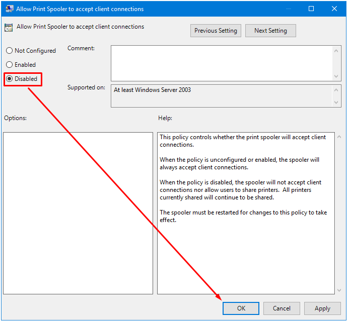 Disable inbound remote printing