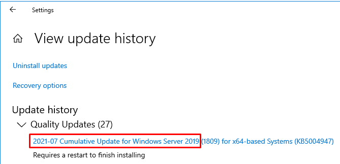 View update history - Windows Server 2019