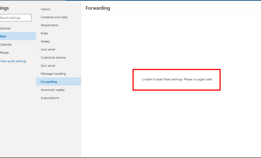 Outlook.com error: Unable to load these settings. Please try again later.