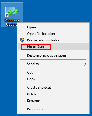 Pin to Start option for the Windows Update shortcut