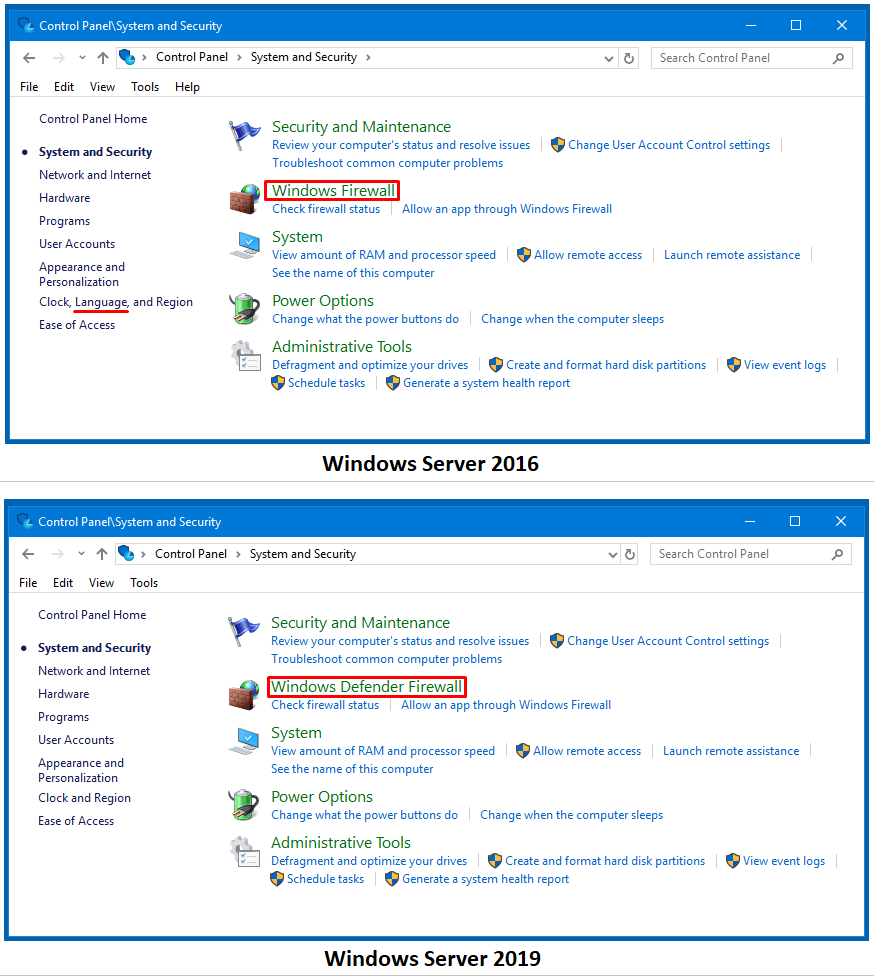 Windows Server 2016 and Windows Server 2019 Control Panels